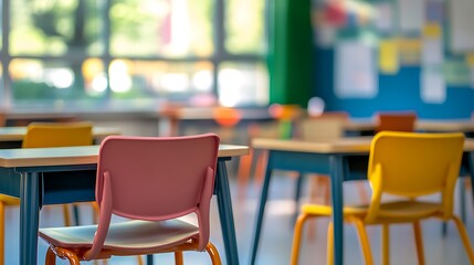 Empty colorful classroom desks and chairs near window.
