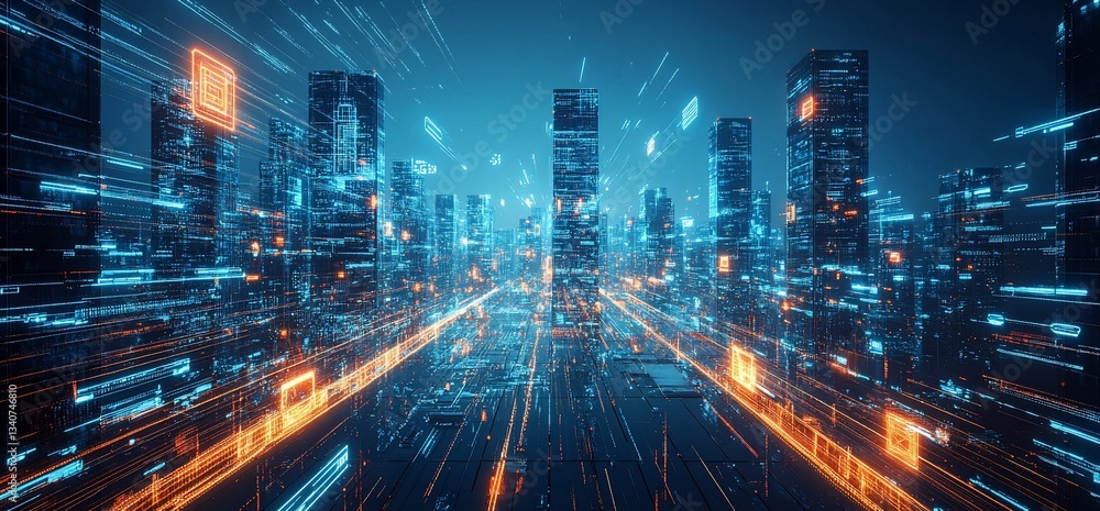 Poster futuristic digital cityscape with glowing data streams and network connectivity