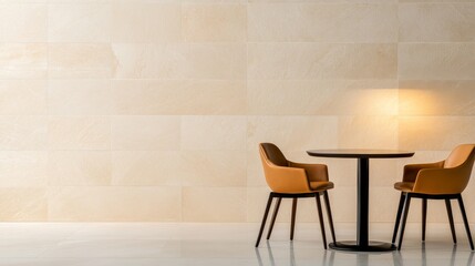 Executive lounge with polished stone wall tiles, soft indirect lighting, stylish setting