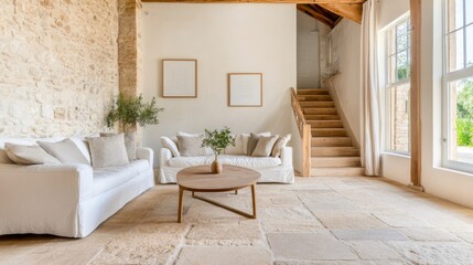 Rustic barn conversion with mixed-size stone tiles, organic and earthy vibe