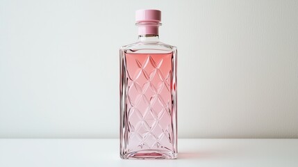 Elegant glass bottle with a pink hue, featuring a diamond pattern and a matching cap.