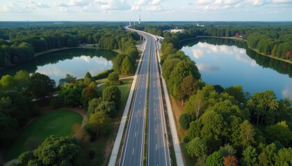 Fototapeta premium Aerial view of a peaceful highway surrounded by lush greenery and tranquil lakes, showcasing nature's beauty.