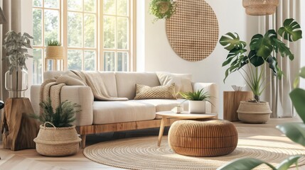 Warm earth-toned living room with a cozy ambiance, woven textures, and rustic wooden decor. Plush seating, soft cushions, and natural light create an inviting, relaxed atmosphere.