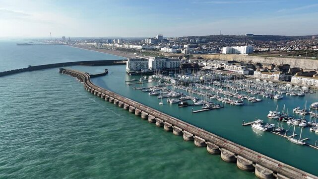 Brighton Marina East Sussex UK pull back drone aerial reverse reveal