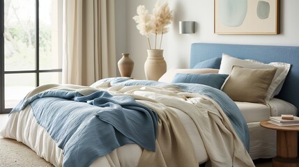 Tranquil bedroom with a stylish blue accent headboard, layered blankets, and organic shapes. A muted color palette of blues, neutrals, and natural textures enhances the soothing atmosphere.