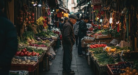 Obraz premium Discover the vibrant atmosphere of a bustling market with fresh produce and lively exchanges.