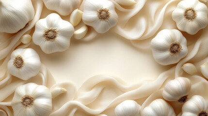 Fresh garlic heads arranged on cream satin fabric