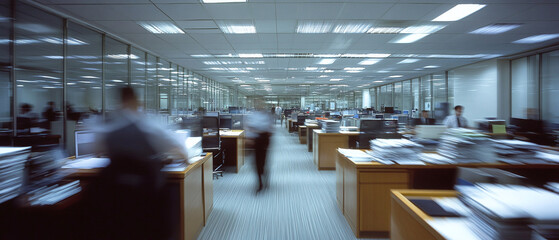 Movement of businessmen and office workers in workplaces and office background. Ai generate.