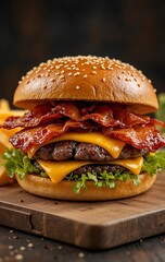 Juicy Wagyu Burger with Melted Cheddar and Crispy Bacon on the white background very realistic image