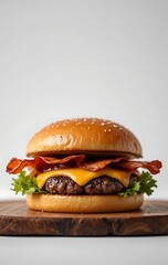 Juicy Wagyu Burger with Melted Cheddar and Crispy Bacon on the white background very realistic image