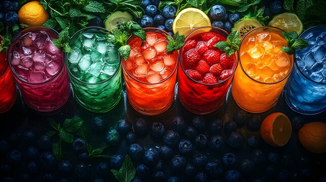 High-Angle View of Colorful Cocktails with Fresh Fruits and Herbs as Garnishes – Generative AI
