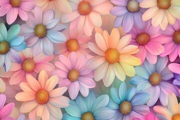 A seamless pattern of vibrant daisies in pastel rainbow colors, with each petal and leaf glowing like the sun's rays, creating an ethereal atmosphere. 