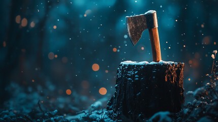 An axe embedded in a snow-covered stump amidst a serene, snowy forest scene.