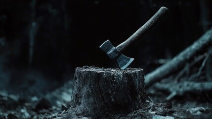 An axe embedded in a wooden stump in a dark, forested setting.