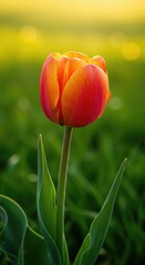 Fototapeta premium Vibrant Red and Yellow Tulip in Sunlit Spring Garden - A Stunning Floral Photograph