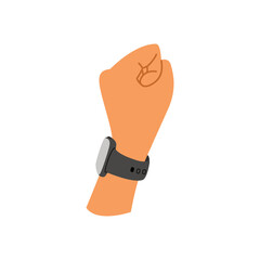 Hand wearing a smartwatch with a black strap, modern wearable wireless pay technology and fitness tracking