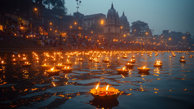 Thousands of pilgrims gather on the banks of the Ganges River in Varanasi at sunset, they light diya lamps and release them into the river as part of the Ganga Aarti ritual, Ai generated images - Powered by Adobe
