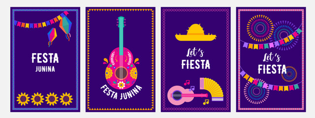 Festa junina poster with geometric pattern. Summer brazilian carnival banner with icons of music, lanterns, flowers, hats and flags. Geometric banner of june festival in Brazil, vector illustration