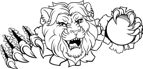 A lion with a cricket ball animal sports team mascot