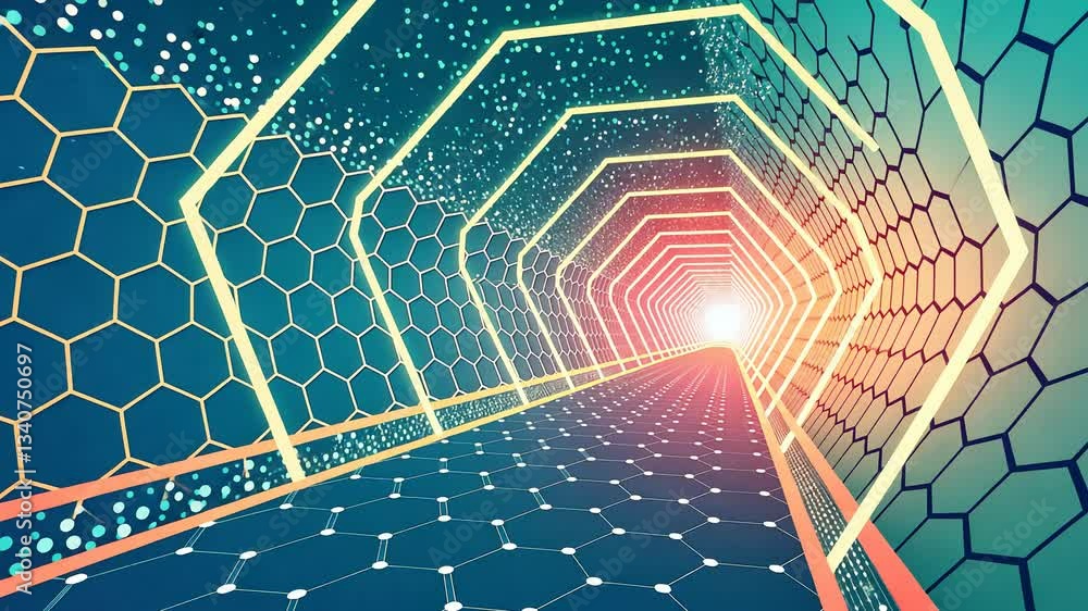 Poster futuristic neon tunnel with hexagonal patterns