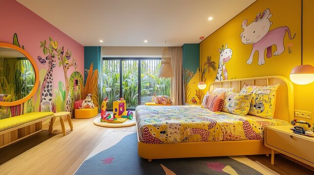 Modern playful safari themed kids bedroom interior design with double bed and toys. Ai generative