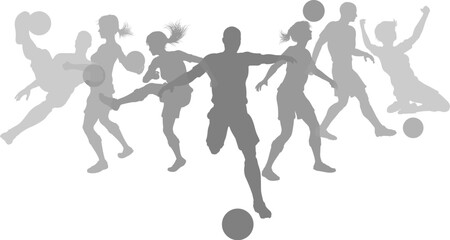 Silhouette soccer football player set. Active sports people healthy players fitness silhouettes concept.