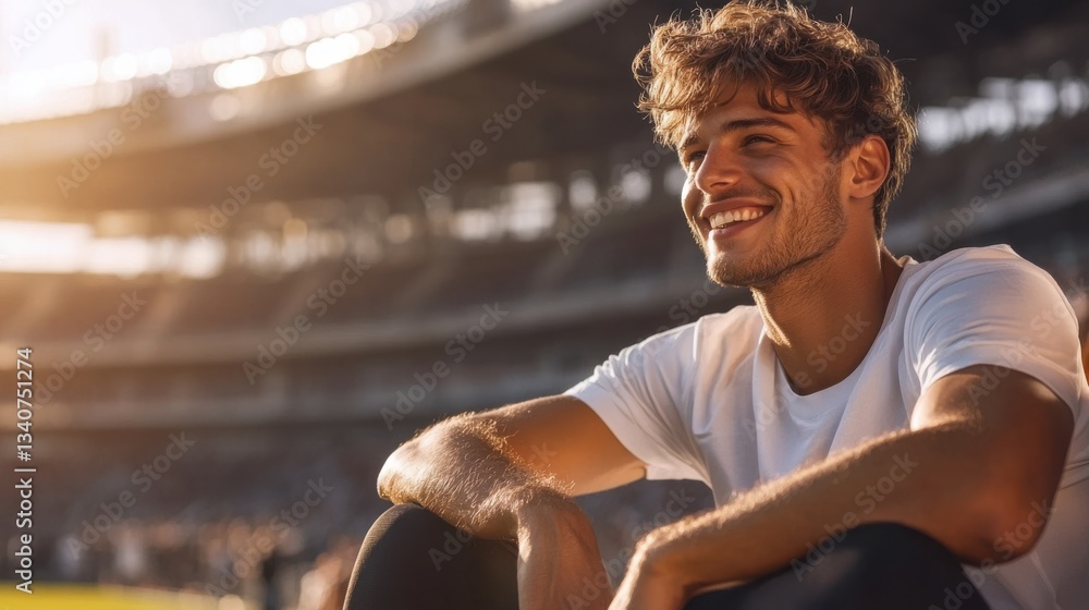 Poster soccer player portrait with smiling expression in stadium.