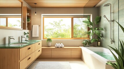 Fototapeta premium Minimalist bathroom with tropical plants creating relaxing atmosphere. Ai generative
