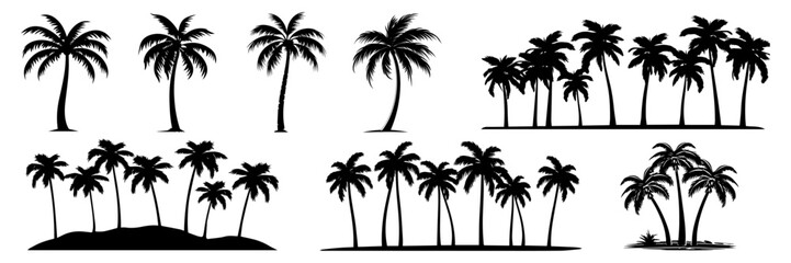 Tropical palm tree silhouettes collection, vector element set