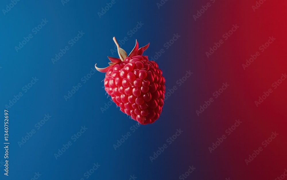 Poster A single ripe red raspberry levitates against a vibrant blue and red gradient backdrop