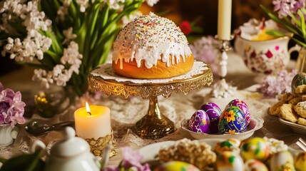 Festive Easter table decorated with cakes, eggs and spring flowers
