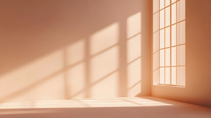 Light peach background with beautiful reflection from the window, free space for product presentation in minimalist style.