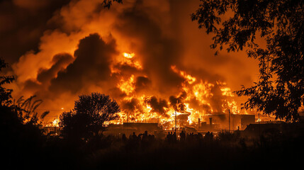 Apocalyptic view of burning city during war or political crisis  with silhouette people standing