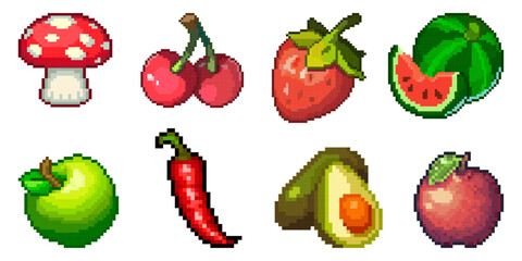 Fruit set - cherry, strawberry, watermelon, apple, pepper, avocado, fly agaric. Vector pixel art.