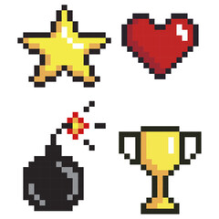 Pixel art with a star, heart, bomb and cup.