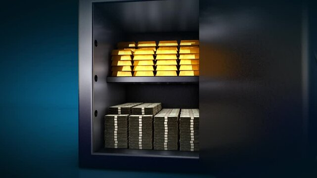 Bank safe with dollar bills and gold bullions, bank vault, dollar bills, gold bars