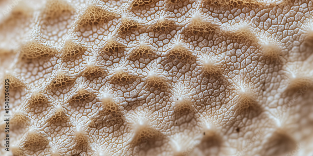 Poster close up of textured surface with bumpy, intricate pattern resembling reptile or amphibian skin, sho