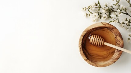 Bowl of honey with wooden dipper and white blossoms