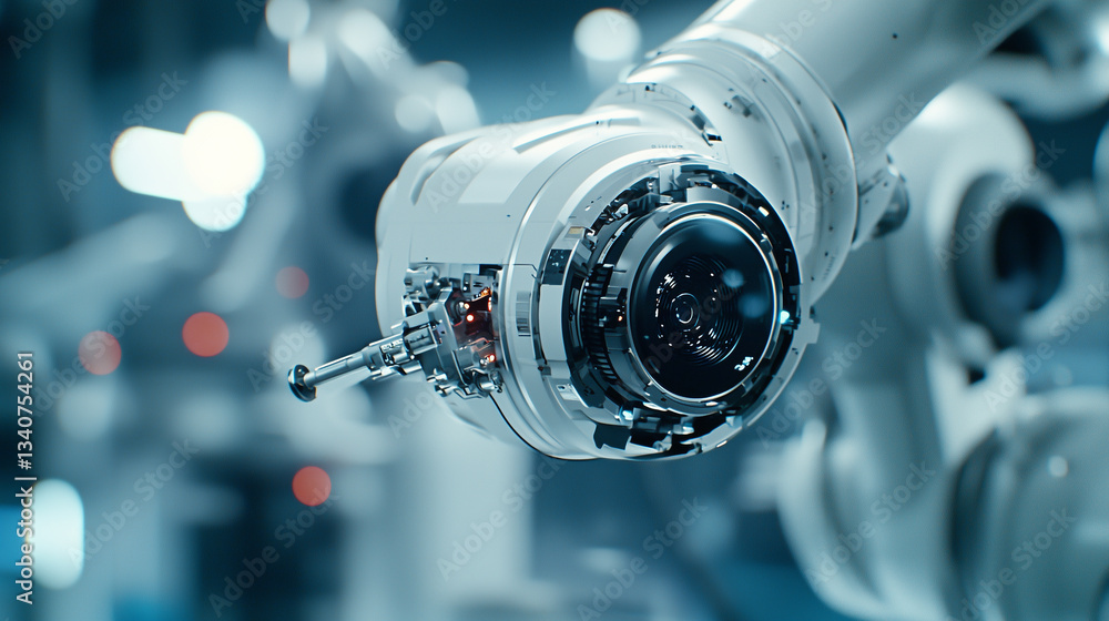 Aufkleber Close up of robotic arm sensors and tools, emphasizing precision and technology in industrial setting. metallic components and intricate design highlight advanced engineering