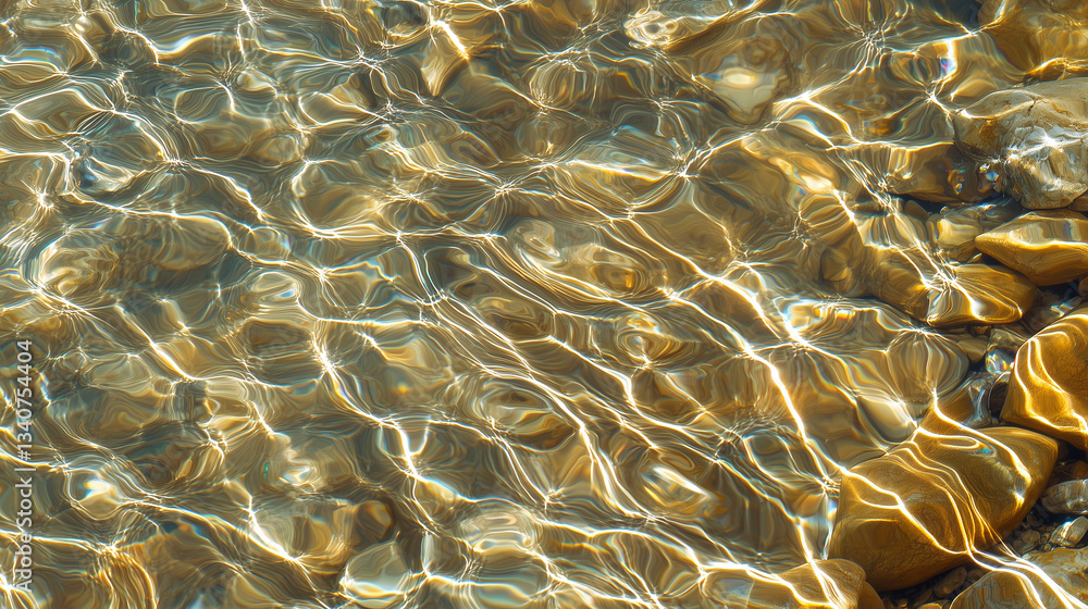 Poster crystal clear water with gentle ripples creates mesmerizing pattern over smooth stones, reflecting s