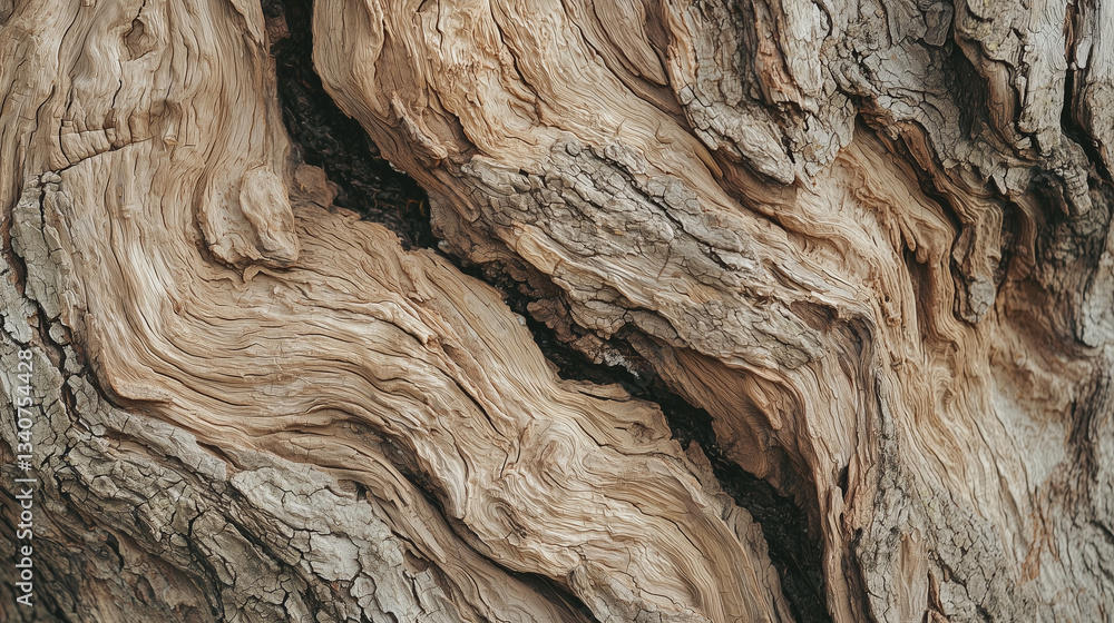 Poster image showcases detailed view of tree trunk, highlighting intricate texture and natural patterns of bark. swirling lines and earthy tones create sense of organic beauty
