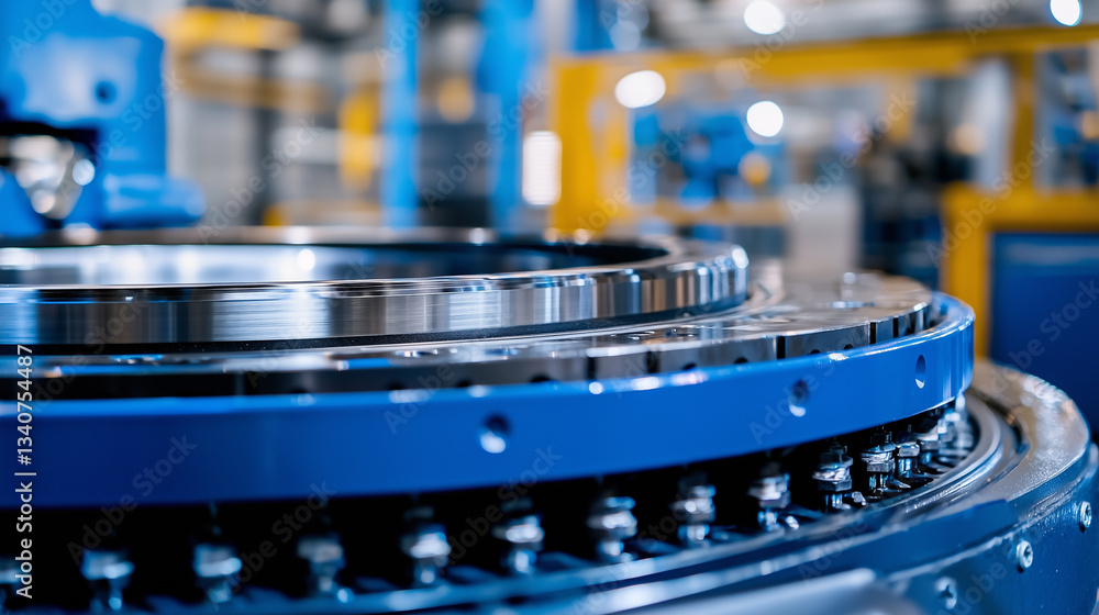 Poster close up of shiny, metallic industrial machine part with blue frame, showcasing precision engineerin