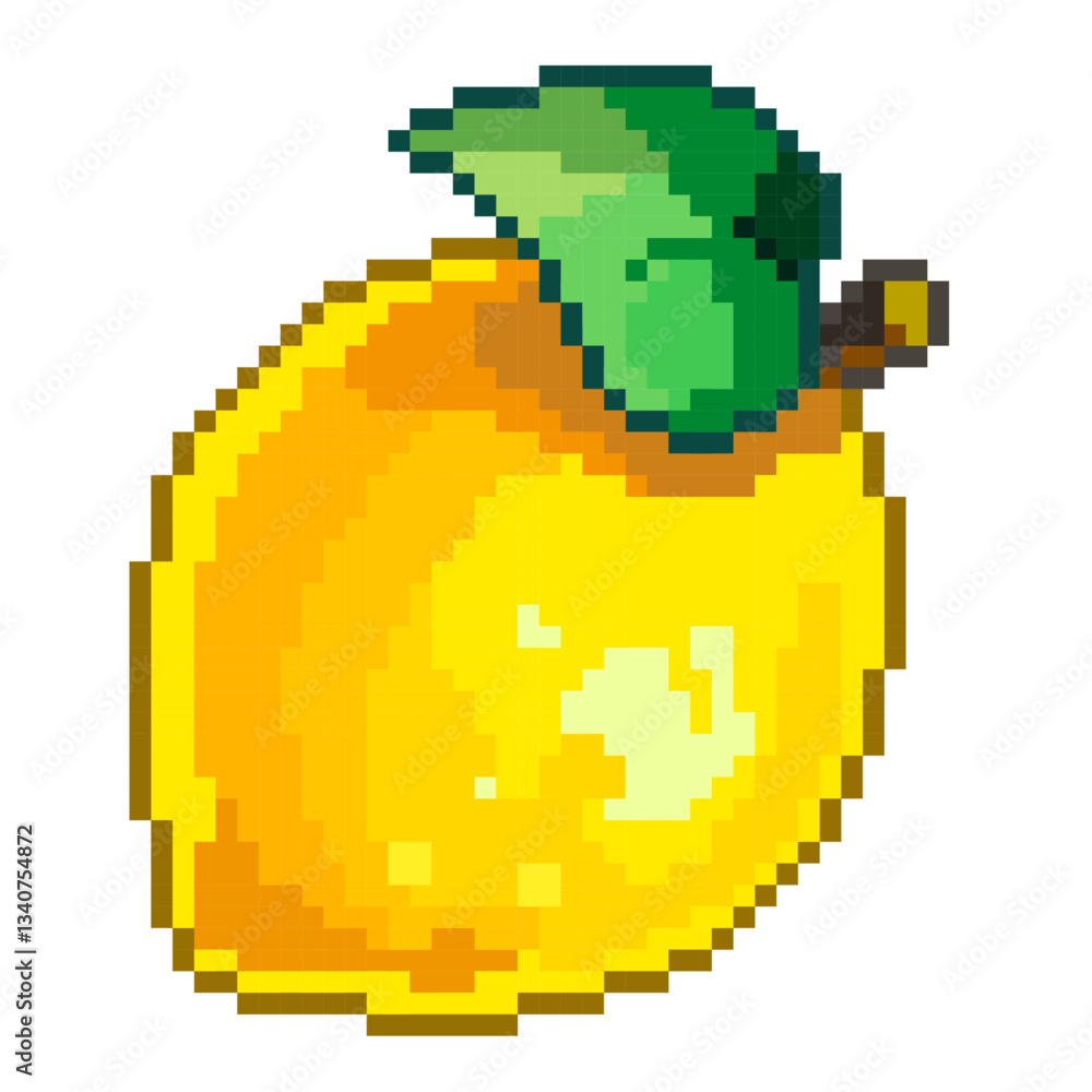Aufkleber pixel lemon. vector yellow lemon with green leaf. pixel art.