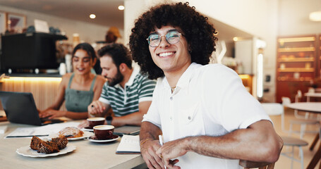 Portrait, smile and man with colleagues, cafe and confident for collaboration in store, tea and group. Happy, people and journalist with coworkers in meeting, beverage and customer in coffee shop