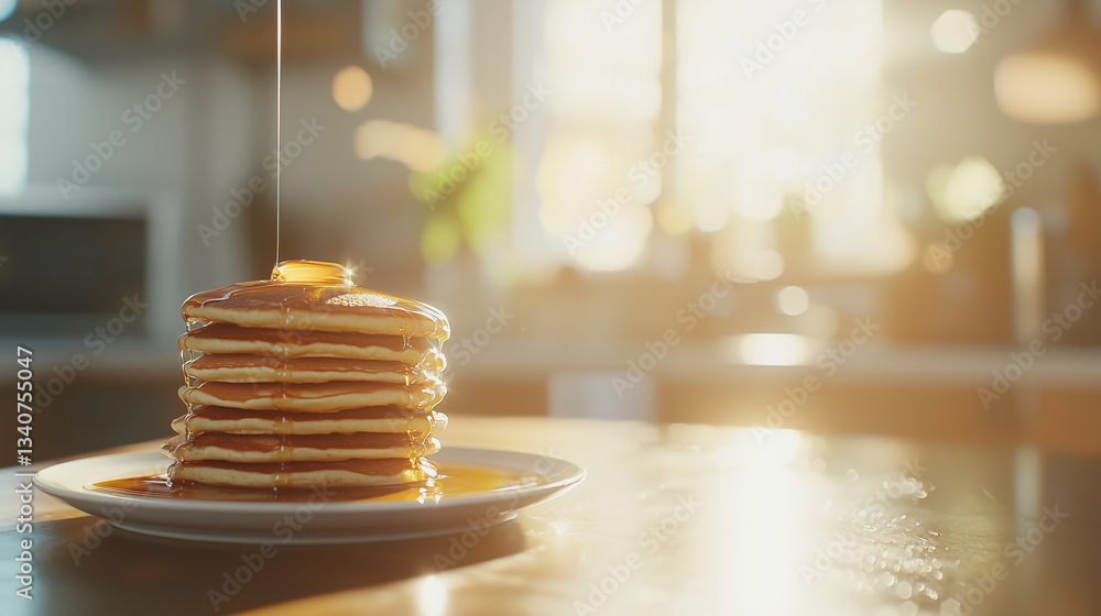 Poster stack of pancakes is drizzled with syrup, bathed in warm sunlight on kitchen table, creating cozy an