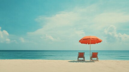 Fototapeta premium Beach scene with two chairs and an umbrella by the ocean.