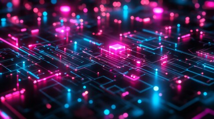 Fototapeta premium Abstract Glowing Circuit Board with Pink and Blue Neon Lights