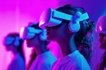 Diverse students immersed in virtual reality education, vibrant futuristic colors emphasizing innovation