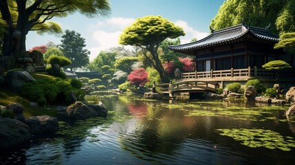 Fototapeta premium A photo of a traditional Japanese garden with a pond.