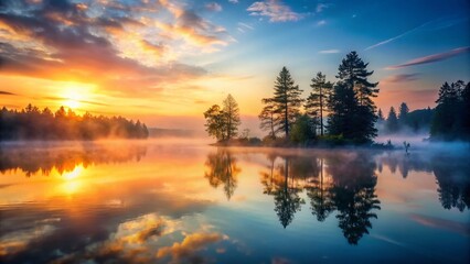 Fototapeta premium Serene Sunrise Mist Over Calm Lake, Reflective Trees & Sky - Peaceful Dawn Landscape Stock Photo